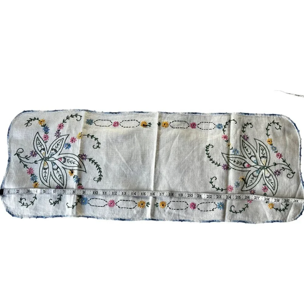 Vintage Hand-Embroidered Floral Table Runner Blue Crocheted Lace Edge 32